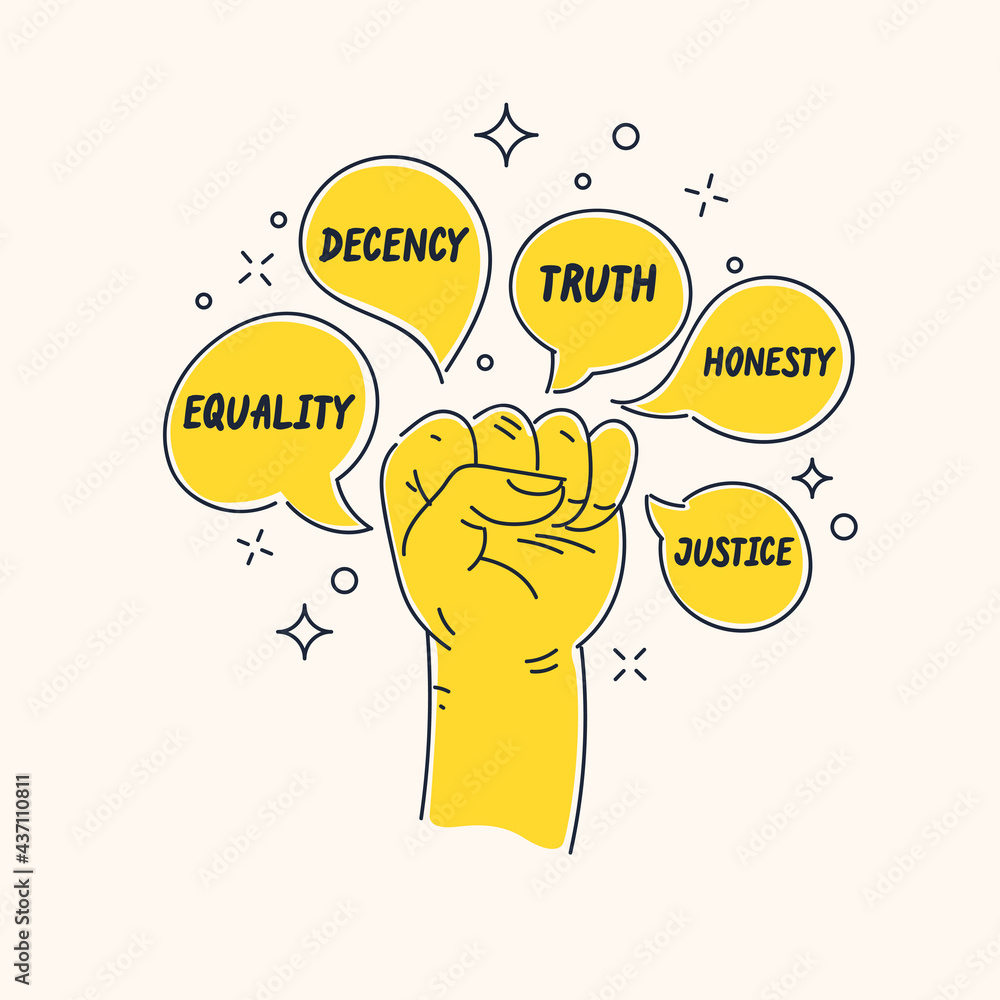 A concept illustration with cartoon style speech bubbles. Hand clenched into a fist. A hand gesture.