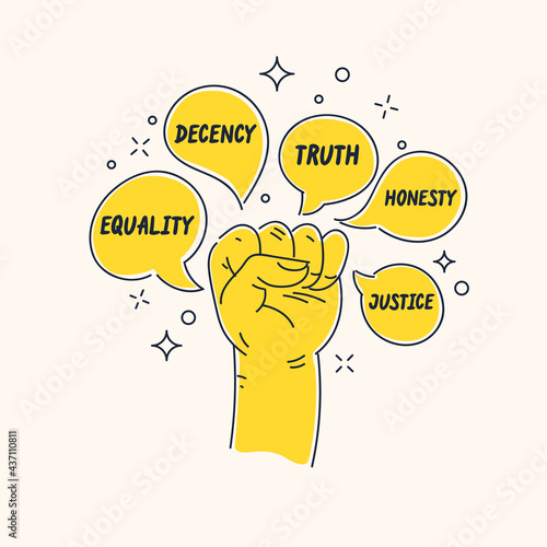 A concept illustration with cartoon style speech bubbles. Hand clenched into a fist. A hand gesture.