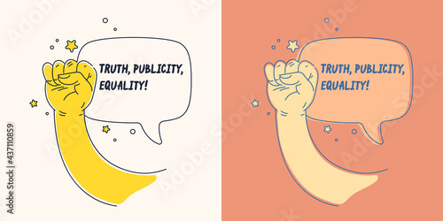 A concept illustration with cartoon style speech bubble. Hand clenched into a fist. A hand gesture.