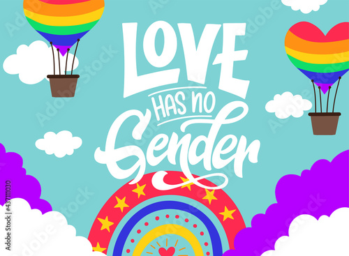 Love has no gender. LGBT lettering quote. Pride poster concept with colorful rainbow. Vector illustration for placard, card design