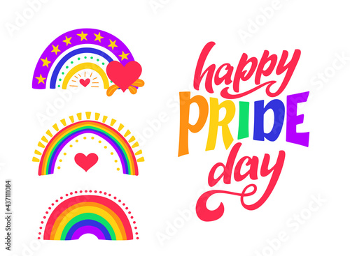 Happy pride day lettering quote. LGBT slogan with rainbows. Human rights and tolerance. Hand drawn poster. Vector illustration