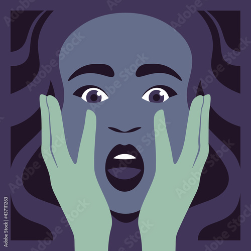 A woman's frightened face. Fears and phobias. Mysticism and horror. Vector flat illustration