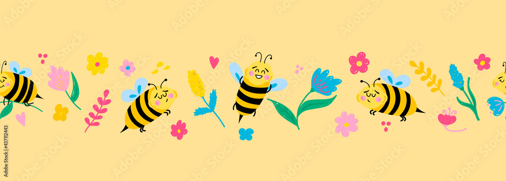 Vector seamless border with cute cartoon bees and flowers on a yellow background. Children's illustration for pajamas, clothes, fabrics, postcards.