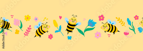 Vector seamless border with cute cartoon bees and flowers on a yellow background. Children's illustration for pajamas, clothes, fabrics, postcards. © Vasia_illi