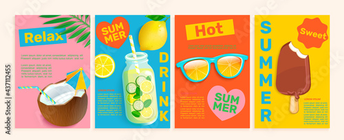 Set of summer flyers,cards with tropical themes.Bright and gentle hot season banners and posters.Coconut,detox, ice cream, sunglasses for advertise.Drinks and sweets template for design,vector.