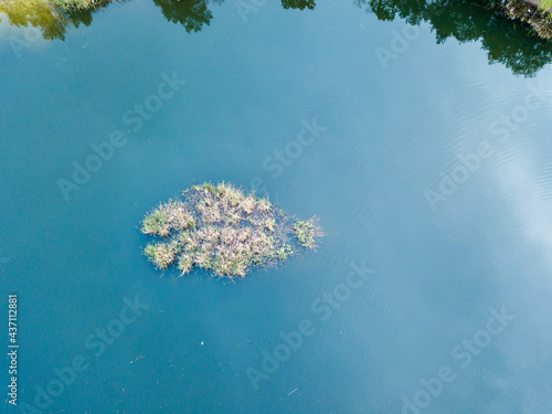 Lake in the park in spring. Aerial drone view.
