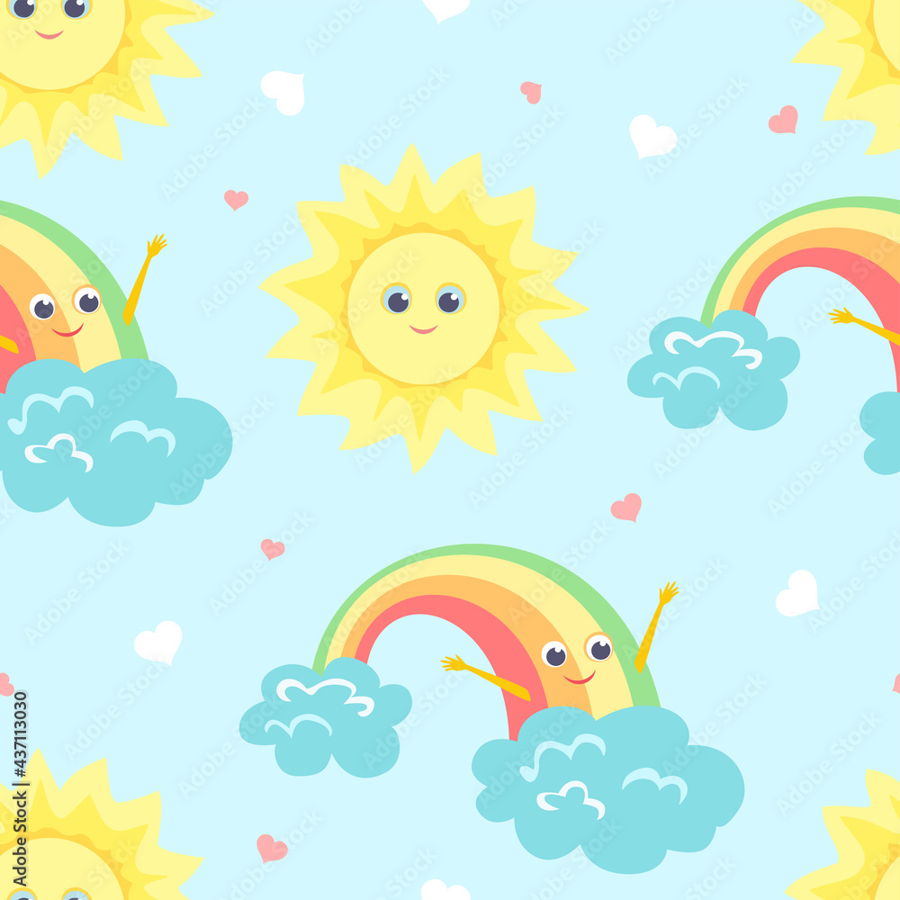 Childish background with cartoon cute sun, clouds and rainbow. Sky seamless pattern. Vector flat illustration with funny characters. Childish background with cartoon cute sun, clouds and rainbow. Sky seamless pattern. Vector flat illustration with funny characters.