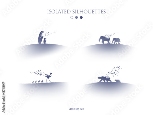 Set of bear, flamingo, elephant. Endangered animal family silhouette