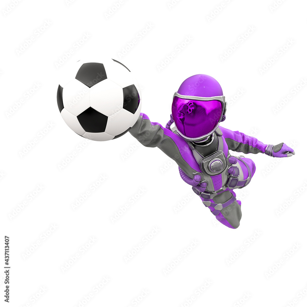 astronaut girl is playing football as a goalkeeper close up view
