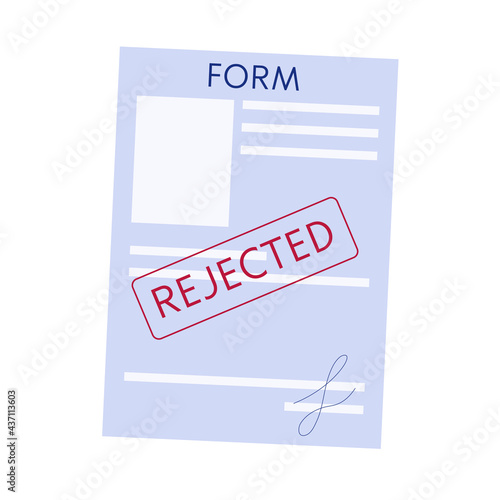 Signed form is isolated with white background. Rejected form for accepting documents. Vector illustration in a flat style. Red rejected seal on the signed sheet.