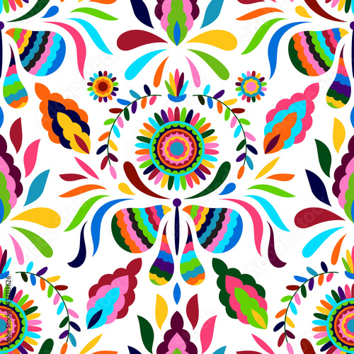 Vector Seamless Mexican Otomi Style Bright Pattern