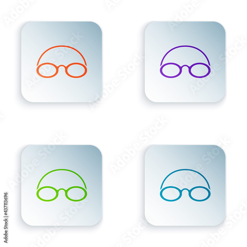 Color Glasses and cap for swimming icon isolated on white background. Swimming cap and goggles. Diving underwater equipment. Set colorful icons in square buttons. Vector