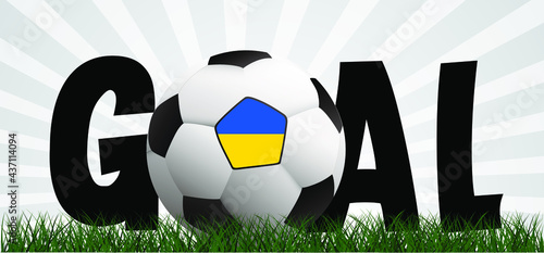Slogan goal with football with flag of Ukraine on green soccer grass field. Vector stadium, supporters background banner. Sport finale wk, ek or school, sports game cup. 2021