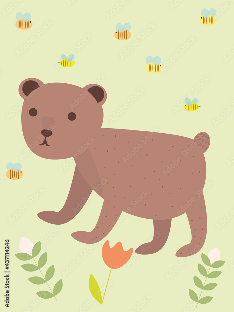 Cute teddy bear surrounded by bees. Flat vector illustration for children Cute teddy bear surrounded by bees. Flat vector illustration for children
