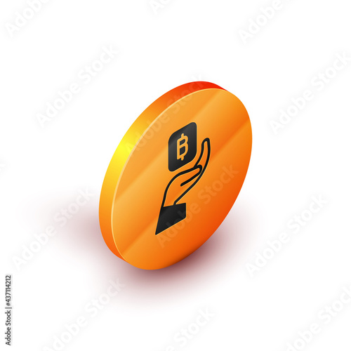 Isometric Hand holding Bitcoin icon isolated on white background. Blockchain technology, digital money market, cryptocoin wallet. Orange circle button. Vector