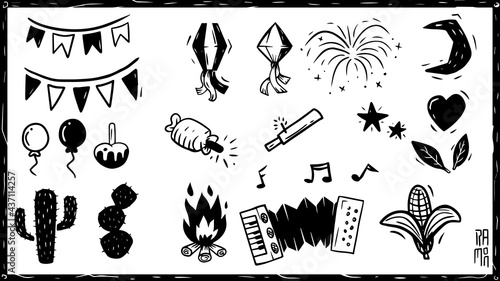 Elementos festa junina, São João, sanfona, fogueira, cacto, fogos, Xilogravura, Nordeste do Brasil. accordion, bonfire, cactus, fireworks, Woodcut, Northeastern Brazil.