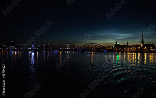 View of the old town and the bridge, Riga, Latvia, night photography 