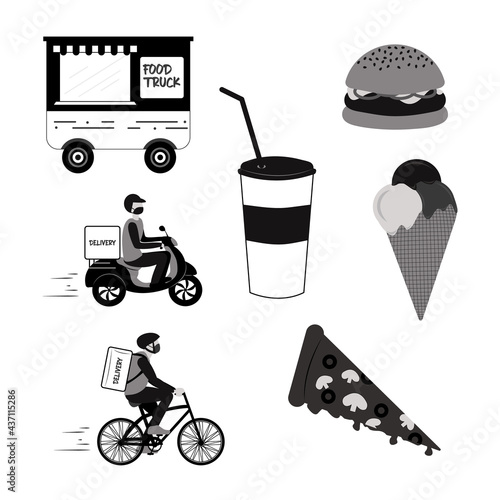 delivery set, a food truck and fast food isolated on white background