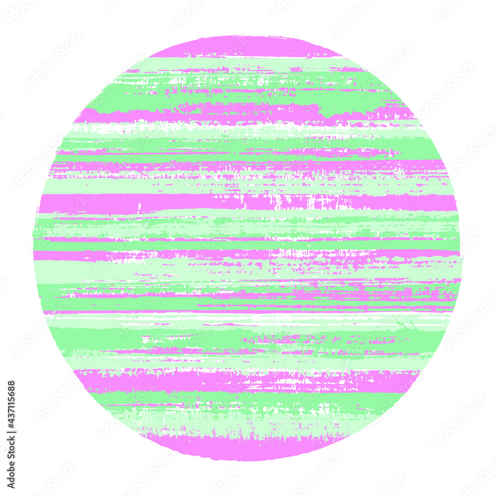 Circle vector geometric shape with striped texture of paint horizontal lines. Planet concept with old paint texture. Badge round shape circle logo element with grunge background of stripes.