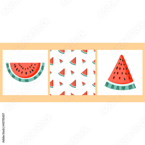 Watermelon harvest. Set of pieces of watermelon and watermelon pattern. Vector illustration for fabric, cloth, icon, card, logo, cover, invitation, emblem, label, poster, banner, print