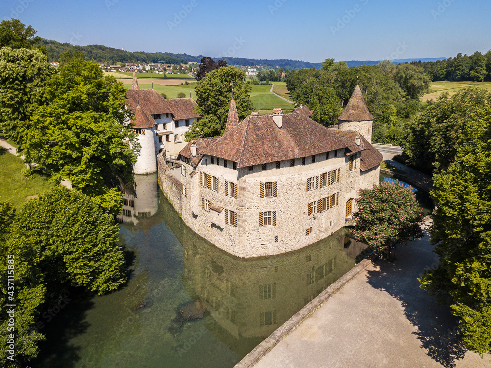 The Hallwyl Castle (founded in the late 12th century)  in Canton Aargau. Located on two islands in the River AabachIt, it is one of the most important moated castles in Switzerland.