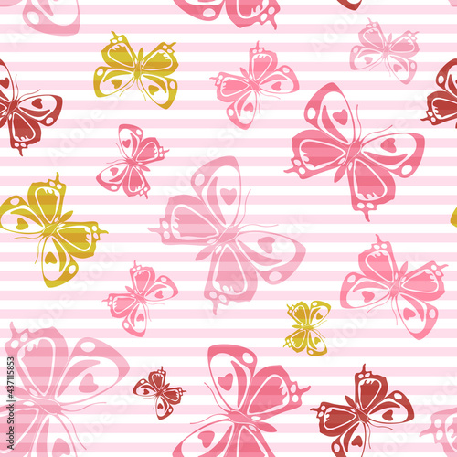 Flying butterfly silhouettes over striped background vector seamless pattern.