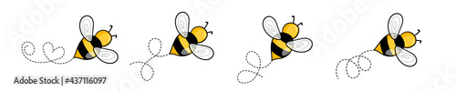 Set of cartoon bee mascot. A small bees flying on a dotted route. Wasp collection. Vector characters. Incest icon. Template design for invitation, cards. Doodle style