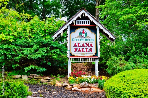 Signage of Alana Falls, City of Helen, Georgia. Tourism town. photo