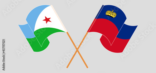 Crossed and waving flags of Djibouti and Liechtenstein