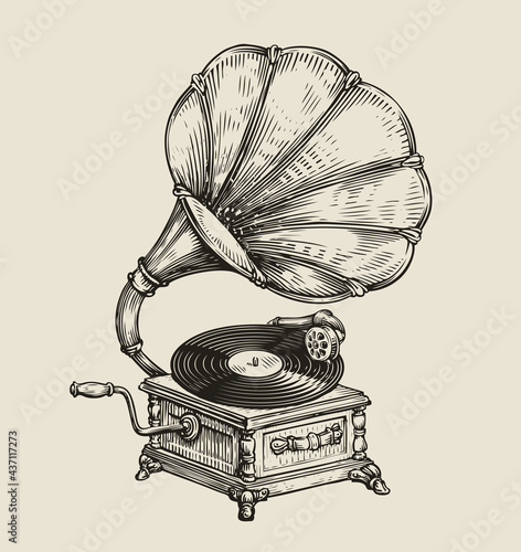 Musical record gramophone in vintage engraved style. Hand drawn sketch vector illustration