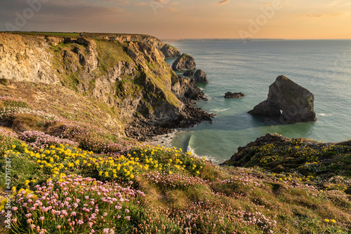 Beautiful landscape image during Spring golden hour on Cornwall coastline at Bedruthan Steps