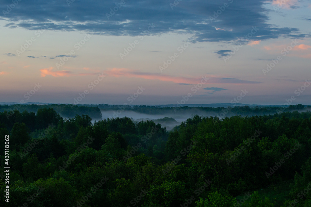 Fog spreads over the lowlands along the forest during sunset. Evening landscape. Clouds in the setting sky.