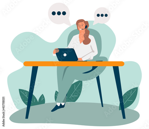 Vector illustration, customer service, hotline operator advises customer, online global technical support 24/7, customer and operator vector