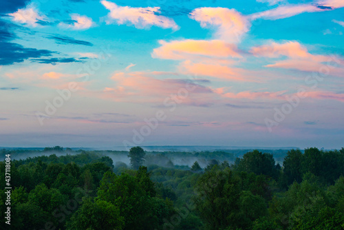 Fog spreads over the lowlands along the forest during sunset. Evening landscape. Clouds in the setting sky.