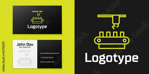 Logotype line Factory conveyor system belt icon isolated on black background. Robot industry concept. Logo design template element. Vector Illustration