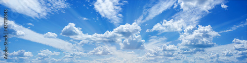 Divine blue sky and fluffy clouds  rays radiating Wonderful Heavenly Light. Banner ad