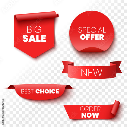Best choice, order now, special offer, new and big sale banners. Red ribbons, tags and stickers. Vector illustration.