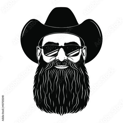 Fotografie, Obraz A man with a long beard in sun glasses and a cowboy hat