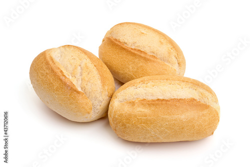 Freshly baked rustic buns, French rolls, isolated on white background. High resolution image.