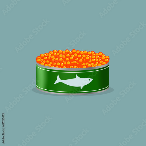 A metal can of red salmon caviar. Luxury caviar of red fish. Packaging. Russian delicacy. Vector illustration. Isolated.