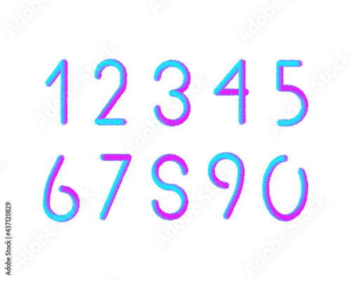 Set of fluffy numbers fur 3d style colorur trendy typography consisiting of 1, 2, 3, 4, 5, 6, 7, 8, 9, 0 for poster, t shirt, book, sale banner, print on fabric, birthday. Modern font. Vector 10 eps