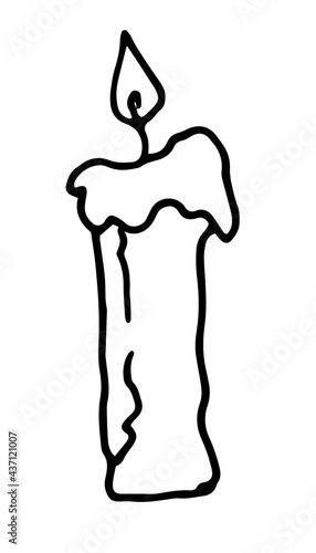 A burning wax candle. Vector isolated element of a tall long burning candle with drops of molten wax, hand-drawn in a doodle style with a black line on a white background for a label design template