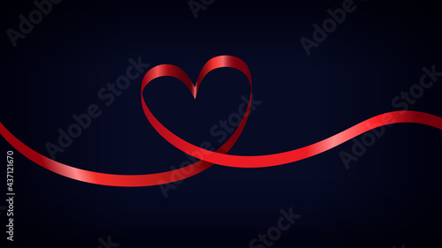Red ribbon in the form of a heart on a dark blue background. Vector illustration.