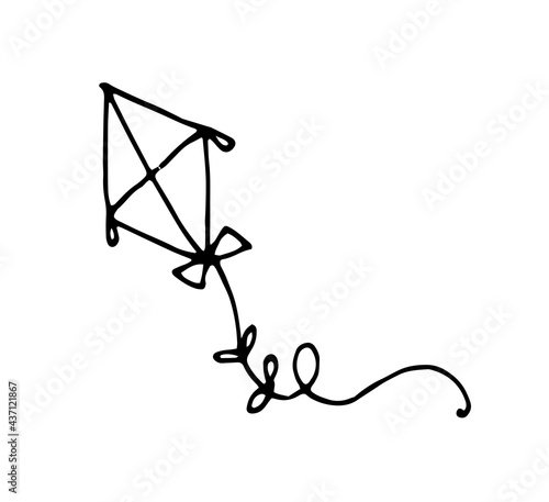 Vector drawing of a kite. hand-drawn in doodle style, children's toy kite in the shape of a diamond, with bows on a string, isolated by a black line on a white background for a design template