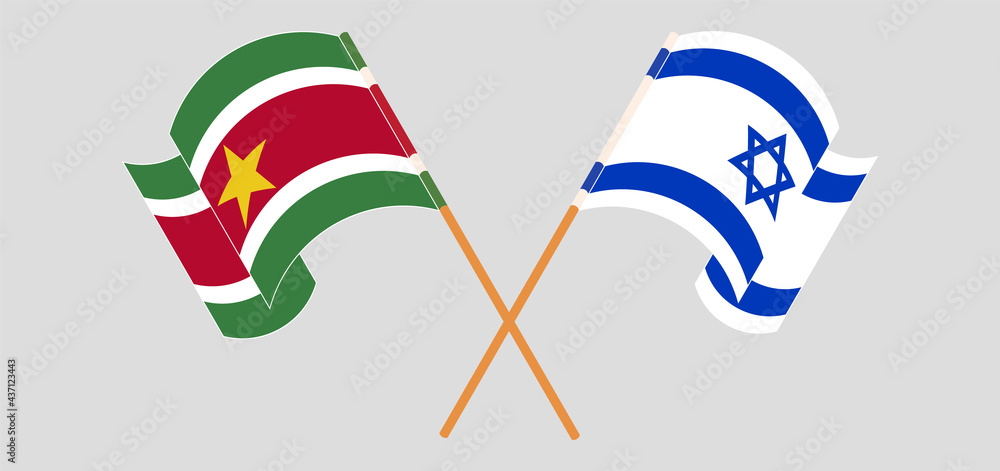 Crossed and waving flags of Suriname and Israel Crossed and waving flags of Suriname and Israel