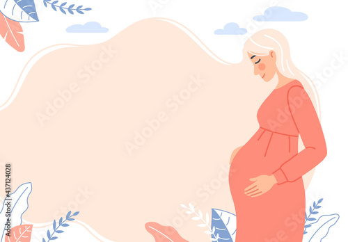 Flat beautiful pregnant woman in dress expecting a baby birth. Flat pregnancy natural background. Young happy expectant girl holding tummy. Smiling mother banner Cartoon parenthood vector illustration