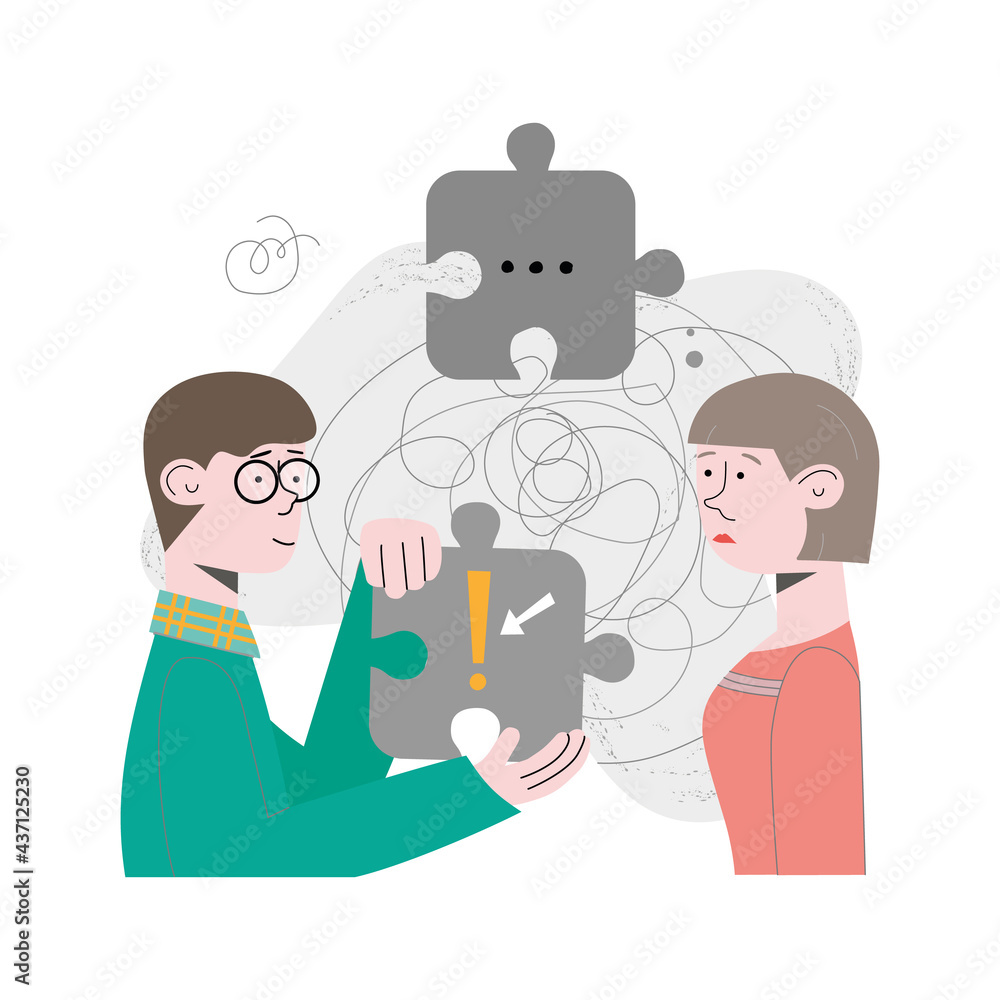Couple, people, team are problem solving, looking for solution to the task. Concept vector illustration with puzzles Couple, people, team are problem solving, looking for solution to the task. Concept vector illustration with puzzles