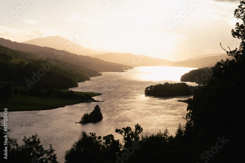 Sunset at Queen's View at Loch Tummel - Scotland, UK. Soft focus. Beautiful Scottish landscape. photo