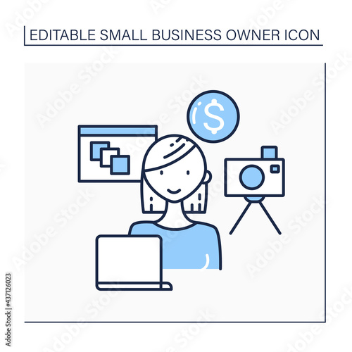 Stock photographer line icon. Woman takes photos for stock agencies. Sell works for clients. Small business owner concept. Isolated vector illustration. Editable stroke