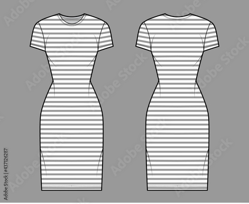 Dress sailor technical fashion illustration with stripes, short sleeves, fitted body, knee length pencil skirt. Flat apparel front, back, white color style. Women, men unisex CAD mockup